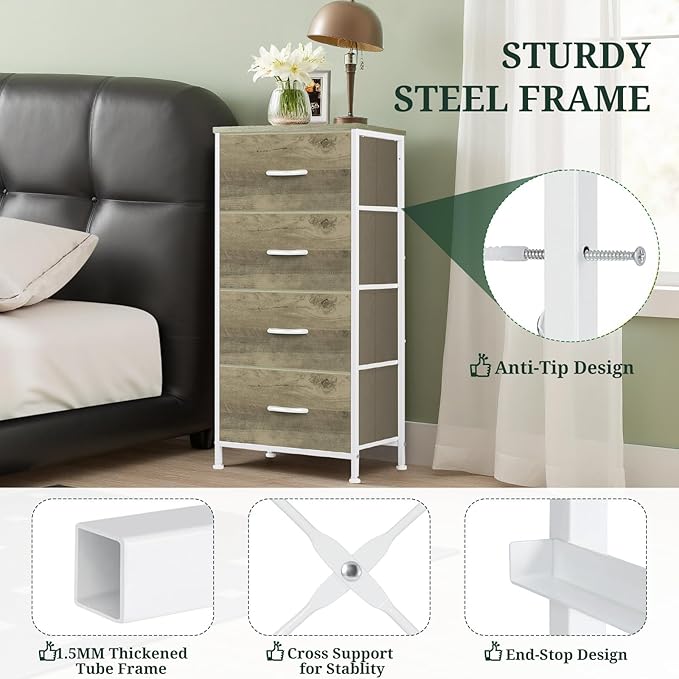 4 Drawers Dresser for Bedroom Fabric Storage Tower with Wooden Top | Steel Frame Tall Chest of Drawers for Closet, Entryway, Dorm, Greige Oak