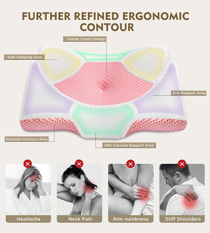 Cervical Pillow for Neck Pain Relief, Hollow Design Odorless Memory Foam Pillows with Cooling Case, Adjustable Orthopedic Bed Pillow for Sleeping, Support for Side Back Sleepers