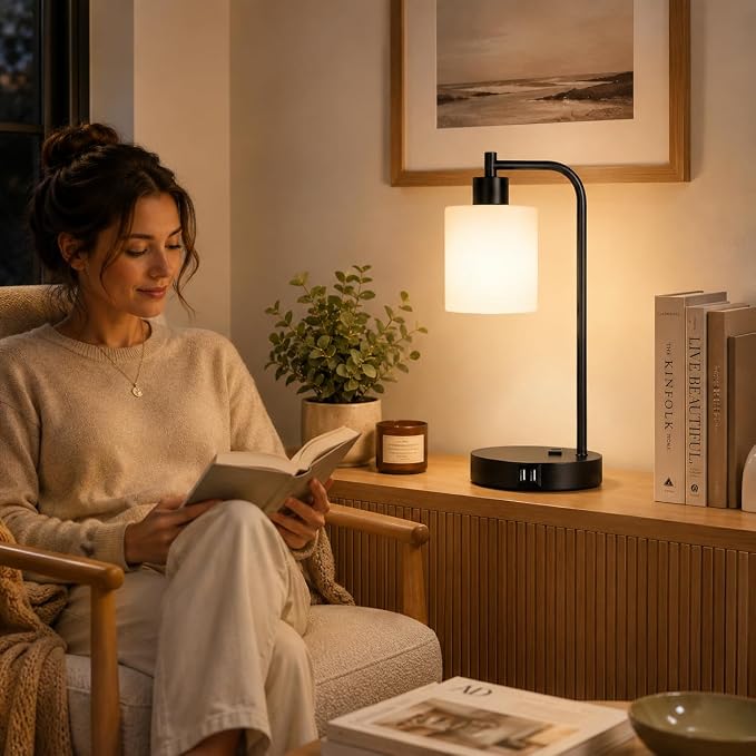 Set of 2 Industrial Touch Control Table Lamps with 2 USB Ports and AC Outlet - 3-Way Dimmable Black Bedside Lamp Nightstand Desk Lamps for Bedroom Living Room, Opal Glass Shade & 2 LED Bulbs Included