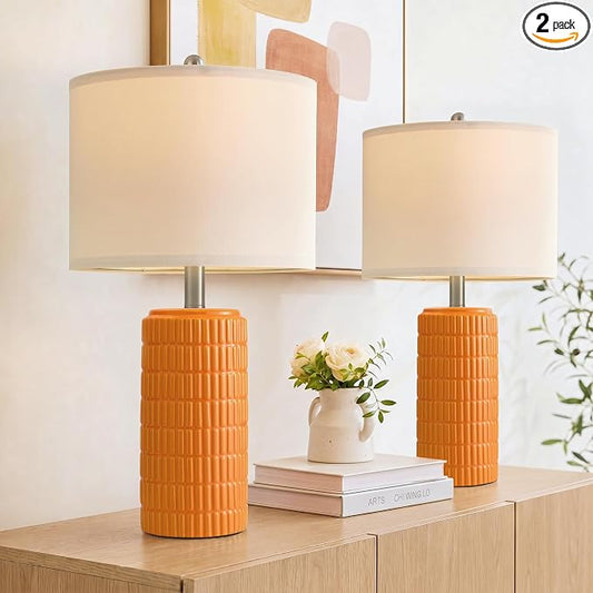 PoKat 23" Orange Table Lamps Decor for Living Room Set of 2, Modern Living Room Lamps for End Table, Ceramic Table Lamps for Bedroom, Contemporary Nightstand Lamps for Home Bedroom Decor