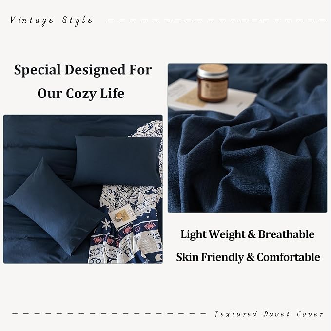 BDEAR 3Pcs Navy Blue Pinstriped Duvet Cover Set Queen Size 90''Wx90''L | Light Weight Design, 1 Duvet Cover with 2 Pillowcases, Zipper Closure, OEKO TEX Standard,8 Corner Ties, Skin Friendly