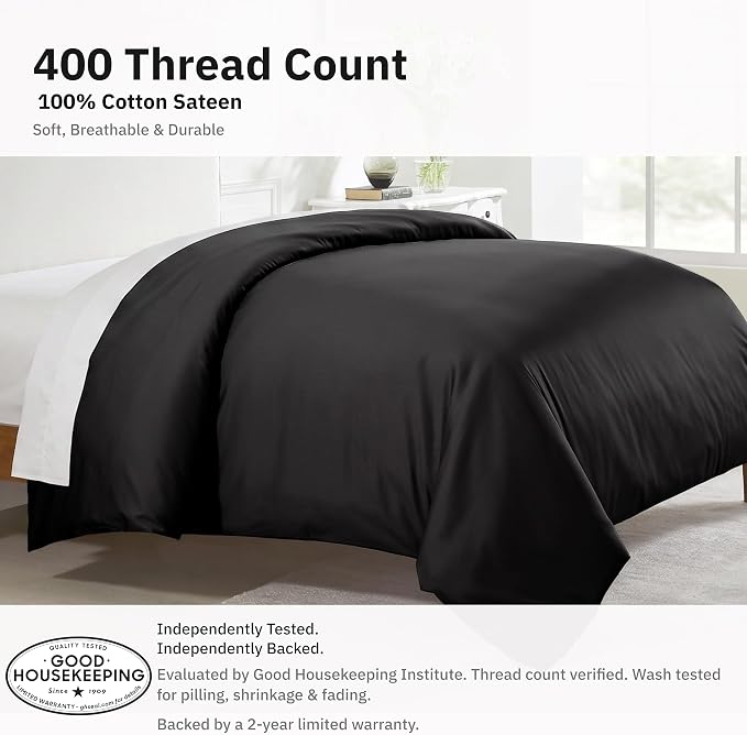 California Design Den Soft 100% Cotton Sateen Twin XL Duvet Covers, Black | Duvet Cover Only, Comforter Not Included, Backed by Good Housekeeping Seal, Button Closure & Corner Ties