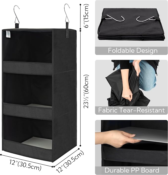 GRANNY SAYS 3-Shelf Hanging Closet Organizer, Foldable Storage, Black | 33 lb Capacity, No-Sag Support, Keeps Clothes Neat, Folds Flat, Fits RV, Dorm & Small Closets, 2 Pack