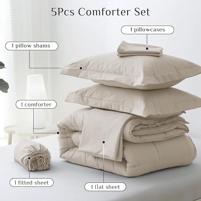 JOLLYVOGUE Twin Comforter Set, Ultra-Soft Bed in a Bag Twin Size 5 Pieces, Oeko-TEX Certified Bedding Set with Down Alternative Comforter, Sheets, Pillowcases & Shams, Oatmeal