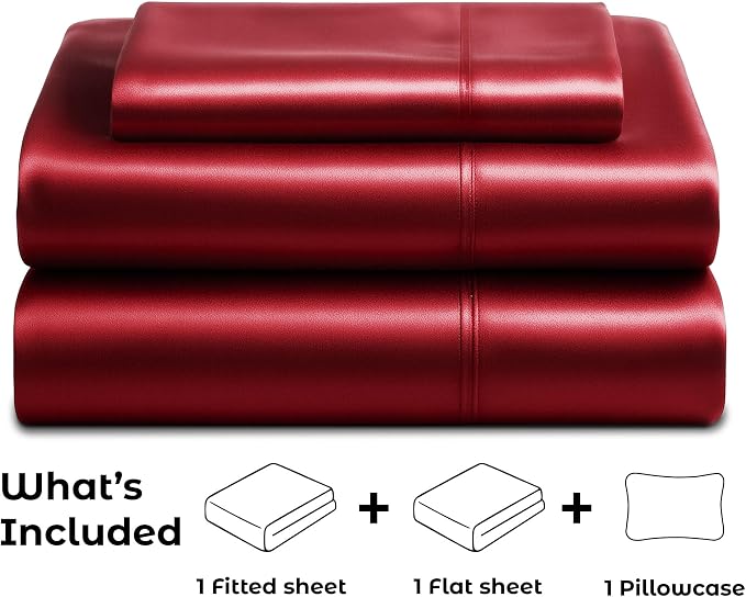 Satin Sheets Twin [3-Piece, Burgundy] Hotel Luxury Silky Bed Sheets - Extra Soft 1800 Microfiber Sheet Set, Wrinkle, Fade, Stain Resistant - Deep Pocket Fitted Sheet, Flat Sheet, Pillow Cases