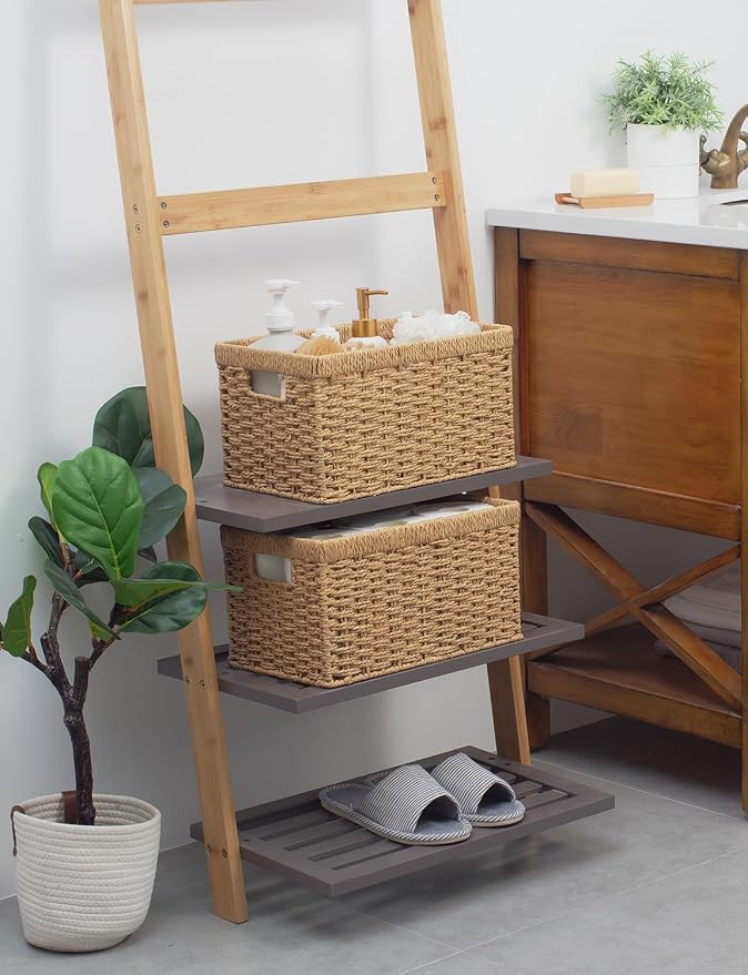 StorageWorks Wicker Storage Baskets for Shelves, Paper Rope Basket, 2-Pack | Rectangular Wicker Storage Baskets, Wicker Basket with Handles, Pantry Organizer and Storage, Woven Baskets,13"L x 8¼"W x 7"H