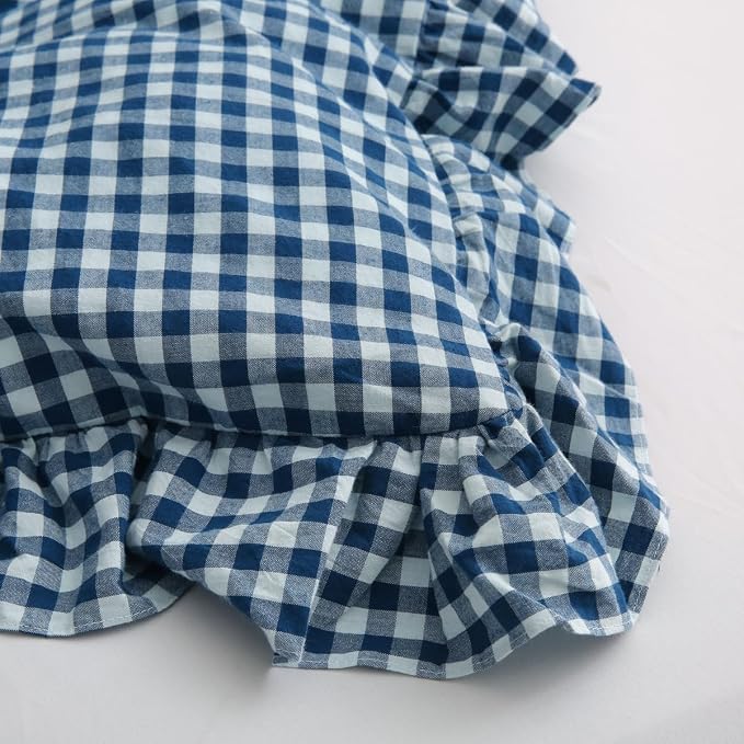 Silnuo Navy Blue/White Gingham Ruffle 3-Piece Duvet Cover Set Full Size | 100% Washed Cotton Shabby Plaid Checkered Bedding Set Vintage Comforter Cover Set