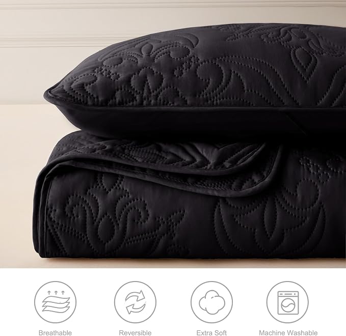 Whale Flotilla Twin Quilt Bedding Set Vintage Damask Reversible Bedspread | Suitable for Bed, 2 Pieces Black Lightweight Breathable Quilts Twin Size, Ultrasonic Coverlet Bed Cover with 1 Pillow Sham