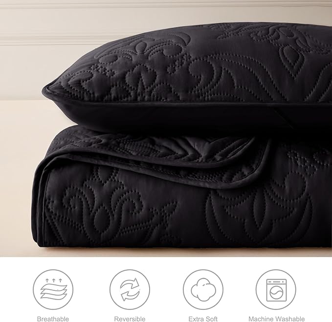 Whale Flotilla King Quilt Bedding Set Vintage Damask Reversible Bedspread | Suitable for Bed, 3 Pieces Black Lightweight Breathable Quilt King Size, Ultrasonic Coverlet Bed Cover with 2 Pillow Shams