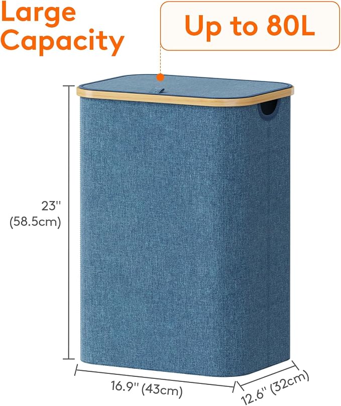 Lifewit 80L Laundry Basket with Lid, Clothes Hampers for Laundry with Bamboo Handles and 1 Removable Bag, Large Foldable Laundry Hamper for Bedroom, Bathroom, Dorm, Laundry Room, Dark Blue