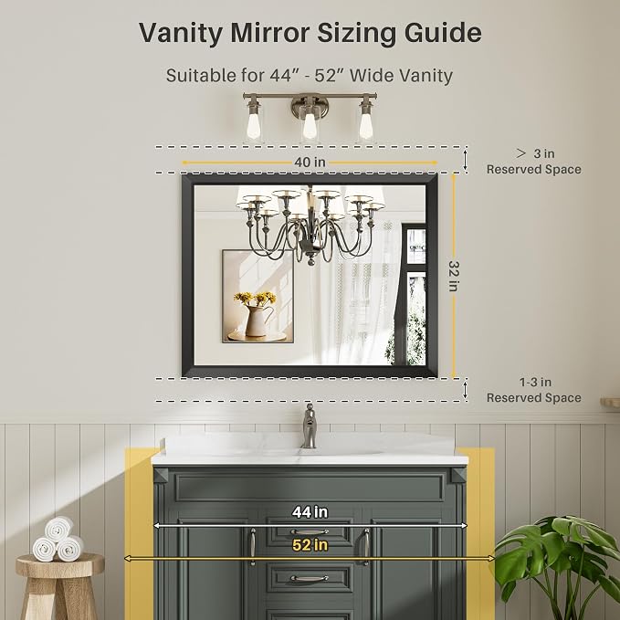 Black Metal Framed Bathroom Wall Mirror, 40x32 Inch | Anti-rust, HD tempered glass, for bathroom vanity, bedroom, living room, horizontal or vertical mount