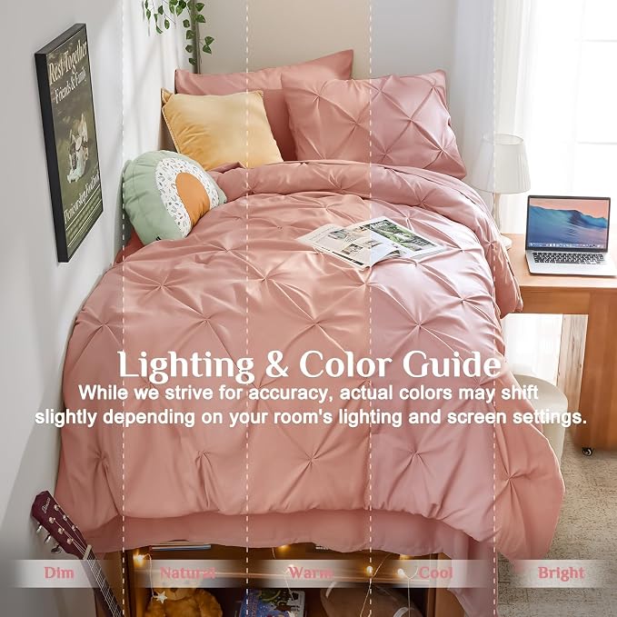 JOLLYVOGUE Twin XL Comforter Set 5 Pieces - Bed in a Bag Twin XL for All Season, Pintuck Bedding Comforter Sets with Comforter, Flat Sheet, Fitted Sheet and Pillowcases & Shams, Rose Brown