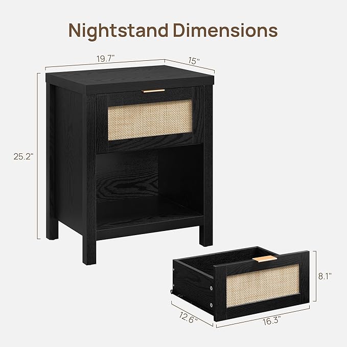 SICOTAS Black Rattan Nightstands Set of 2 with Drawer | Farmhouse Bedside Table with Storage, 19.7" Modern Bed Side Table for Bedroom, Small Space, Black Oak
