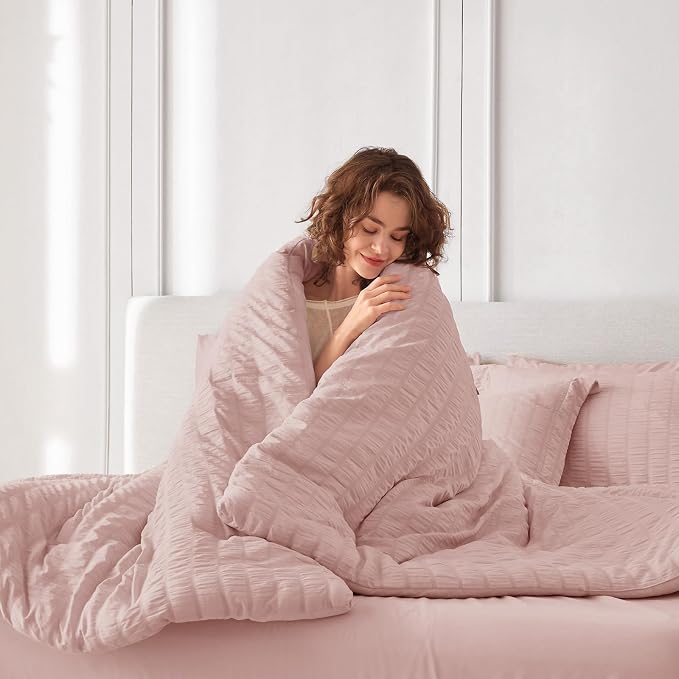 7 Pieces Full Comforter Set, Seersucker Bed in a Bag Full Size, All Season Luxury Bedding Set with Comforter, Flat Sheet, Fitted Sheet, Pillowcases & Shams, Rose Gold