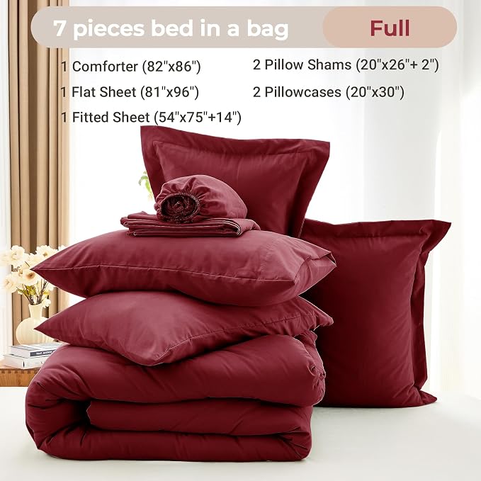 7 Pieces Full Comforter Set, Soft Bed in a Bag Full Size, All Season Bedding Set with Comforter, Flat Sheet, Fitted Sheet, Pillowcases & Shams, Burgundy Red