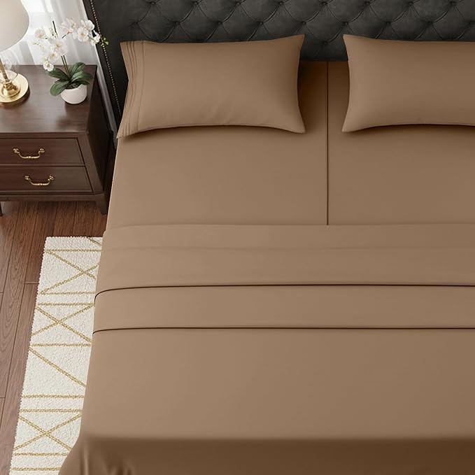 Elegant Comfort Luxurious 1500 Premium Hotel Quality Microfiber Three Line Embroidered Softest 5-Piece Bed Sheet Set, Wrinkle and Fade Resistant, Split King, Taupe
