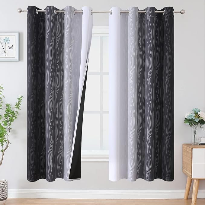 Black and Greyish White Ombre Blackout Curtains for Bedroom 52x72 Inch Long | Estelar Textiler Light Blocking Living Room Curtains, Room Darkening, Thermal Insulated Energy Saving Grommet Drapes,2 Panels