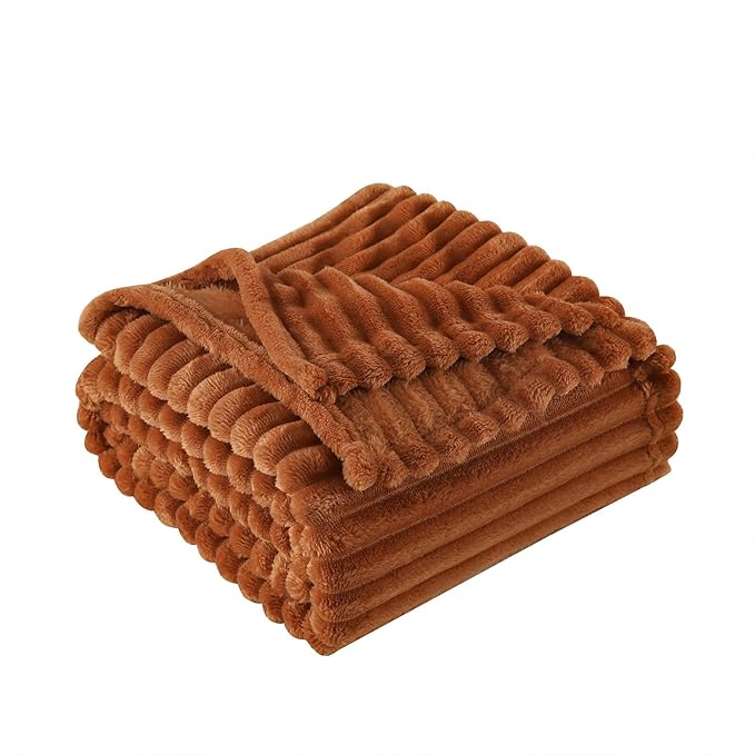 Burnt Orange Fleece Throw Blanket 108”×90” for Couch Sofa Livingroom | Linecooo Super Soft Cozy Plush Microfiber Flannel Bed Blanket Striped Design Lightweight Home Decor Gifts for Adult Mom Women