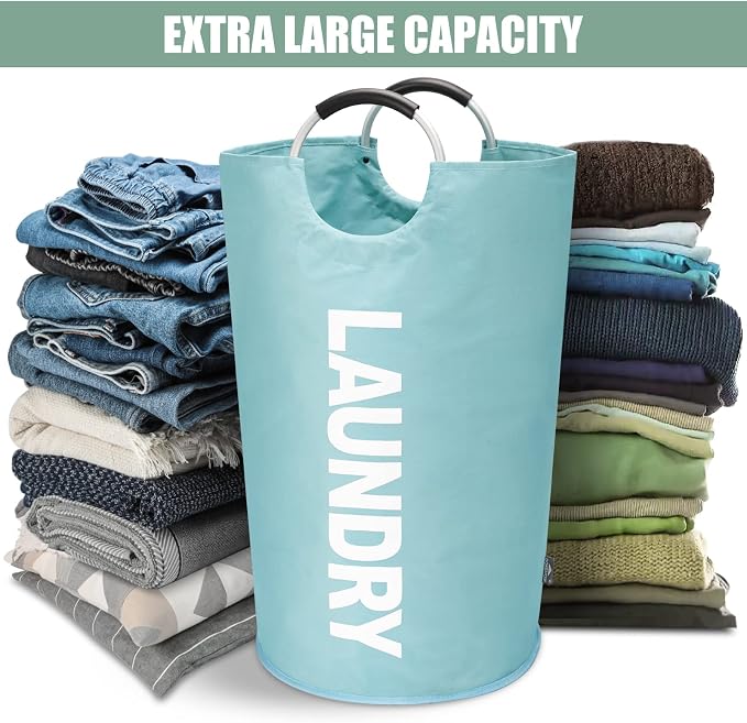DOKEHOM 125L X-Large Collapsible Washing Laundry Basket Bag (7 Colors) for Bedroom, Fabric (Light Blue, XL) | Freestanding tall washing bin & foldable laundry bag. Extra large clothes storage basket with durable sturdy handles