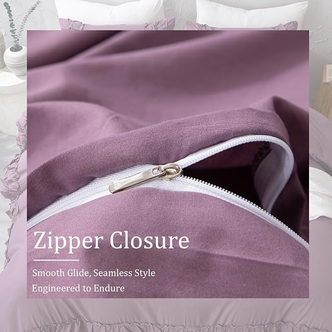 Bedorm King Duvet Cover Set Purple Bedding Set Pleat Ruffled Shabby Chic Comforter Cover Extra Soft & Easy Care Farmhouse Boho Duvet Cover with Zipper Closure