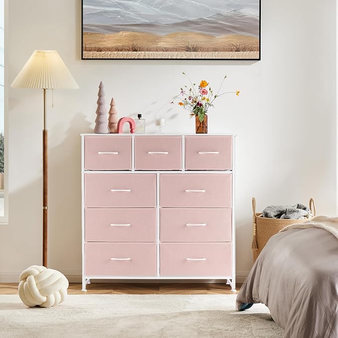 DUMOS 9 Drawer Dresser for Bedroom, Storage Organizer Chest of Drawers | Fabric Bins Storage Tower with Sturdy Metal Frame, Wood Tabletop for Closet, Pink