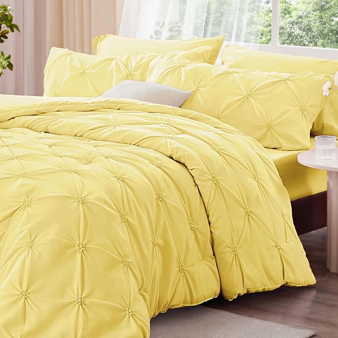 BEDELITE King Comforter Set Light Yellow,Lightweight & Soft Comforter | Pintuck Boho Bedding, Warm & Cute Bed Set for All Season,With 2 Pillowcases