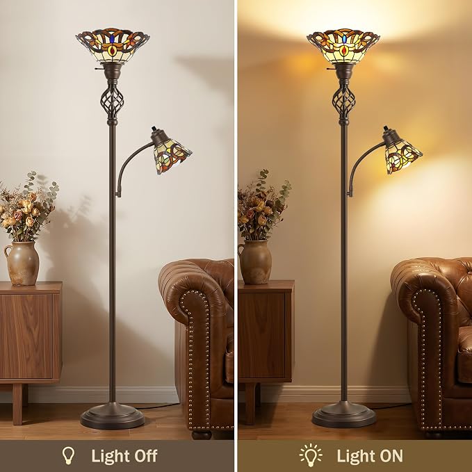 GyroVu Torchiere Floor Lamp for Living Room, Tiffany-Style Reading Light | Stained Glass Lampshade, 72" Tiffany-Style Tall Lamps for Bedroom Corner Home Office, Bulbs Included