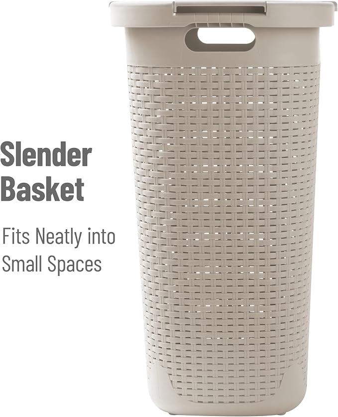 Mind Reader Tall Tapered Laundry Hamper with Lid, 60L Clothes Basket, Narrow Base Design for Bathrooms, Closets and Laundry Rooms, Plastic, 2 Pack, Ivory