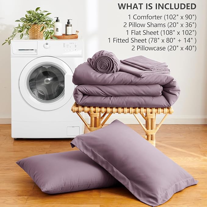 HIMEET King Comforter Set, 7-Piece Point-Quilted Bed in a Bag, Dusty Purple | OEKO-TEX Certified, Lightweight 240 GSM Comforter, Flat Sheet, 14-Inch Deep-Pocket Fitted Sheet, Pillowcases & Shams
