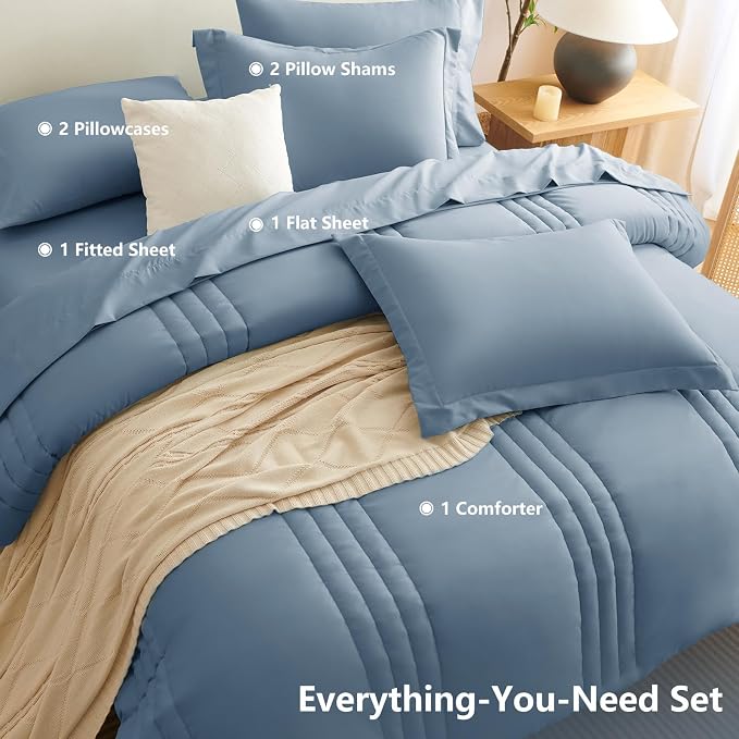 Queen Comforter Set Grayish Blue - 7 Pieces Bed in a Bag | OEKO-TEX Certified, 240GSM Down-Alternative Comforter, 14" Deep-Pocket Sheets, Shams & Pillowcases, Lightweight