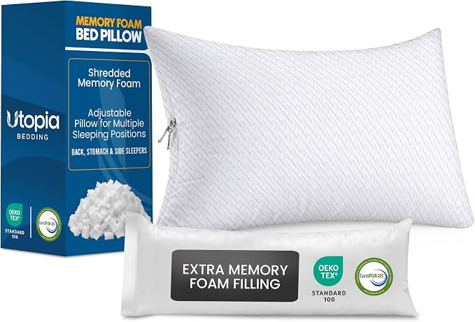 Utopia Bedding Shredded Memory Foam Pillows, Cooling Pillow, Queen, 1 Pack | Adjustable Bed Pillow for sleeping, Washable Jacquard-Polyester Cover, Support for back, side & stomach sleepers, Pack of 1
