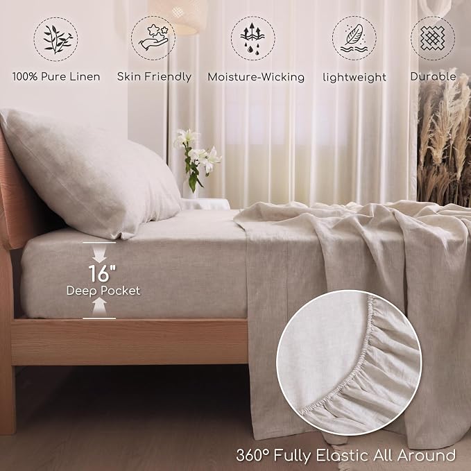 100% Linen Sheets Set King Size, Natural Pure Flax 4 Piece Bed Sets, 16" Deep Pocket, Breathable Cooling Bed Soft Durable Bedding, Machine Washable (Linen,King)