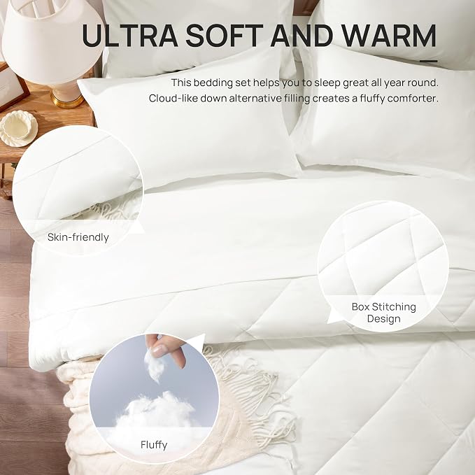 Love's cabin Oversized Queen Comforter Set, 7 Pieces Bed in a Bag, All Season Bedding Sets with 1 Comforter, 1 Flat Sheet, 1 Fitted Sheet, 2 Pillowcase and 2 Pillow Sham, Ivory