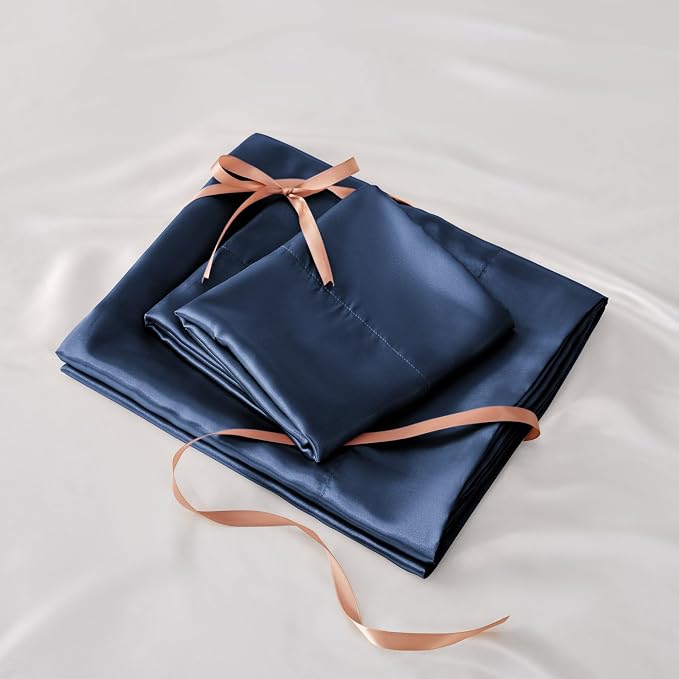 BEDELITE Satin Sheets Twin XL Size Bed Set, Navy, 3 Pieces | Luxury Silky Bed Sheets, 15 Inch Deep Pocket, Similar to Silk, Soft and Cooling, Reduces Friction, Gentle on Hair and Skin