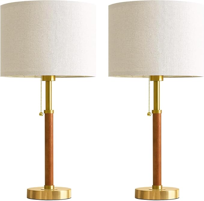 22" Wood Table Lamps Mid Century Modern Lamp for Bedroom Living Room | Bedside Lamps for Night Stands Nightstand Lamp with Pull Chain Gold Small Side End Table Lamps Set of 2 Vintage Deco Gifts