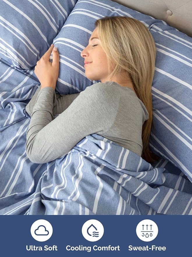 Extra Deep Queen Sheet Set - 6 Piece Breathable & Cooling - Blue Stripes | Hotel Luxury Bed Sheets Set, Easy & Secure Fit, Ultra-Soft, Wrinkle & Fade Free, Comfy Sheets Set with Extra Deep Pockets