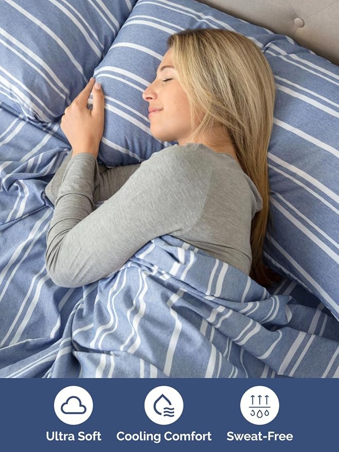 Extra Deep Split King Sheet Set - 5 Piece Breathable Cooling - Blue Stripes | Easily Fits 18 to 24 inch Mattress - Ultra Soft, Wrinkle & Fade Free with Extra Deep Pockets - Comfy Hotel Luxury Bedding