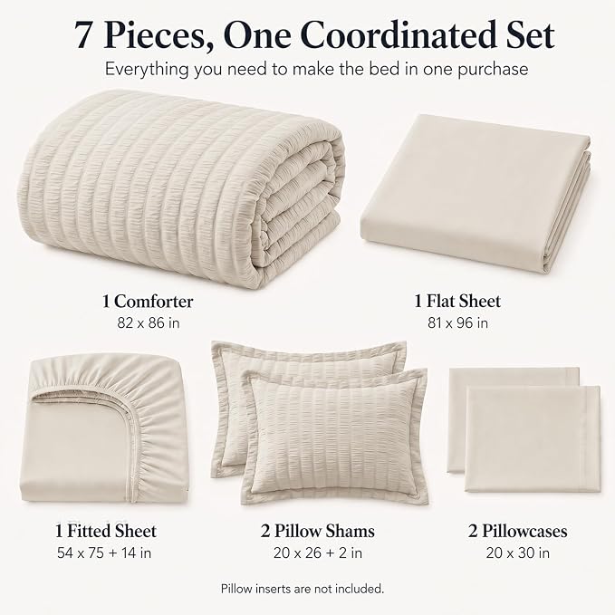 Full Size Comforter Sets, 7 Pieces Beige Seersucker Bed in a Bag | OEKO-TEX Certified, All Season Bedding Set with 240 GSM Down Alternative Comforter, Flat & Fitted Sheets, Pillowcases & Shams