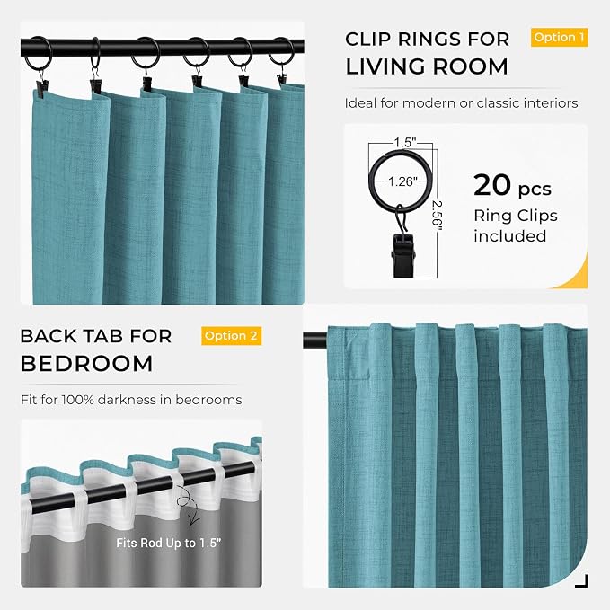 INOVADAY 100% Blackout Curtains for Bedroom Black Out Curtains 84 Inch Long | Teal Curtains for Living Room 2 Panels Set, Clip Rings Linen Look Blackout Drapes, Thermal Insulated Room Darkening,W50xL84