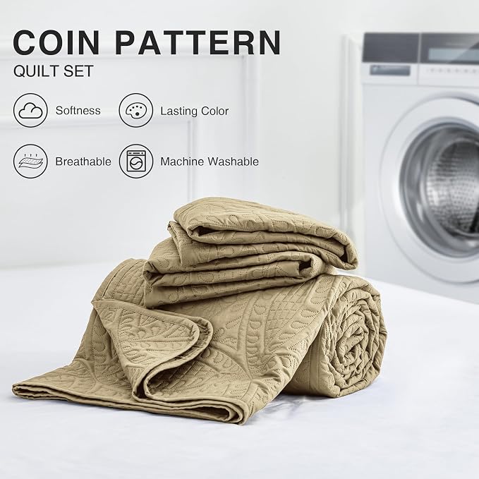 Love's cabin Quilts for Full Bed Camel Bedspreads Bedding Set - Lightweight Bedspread Comforter - Coin Pattern Bedding Coverlet for All Season - 3 Pieces (1 Quilt, 2 Pillow Shams)