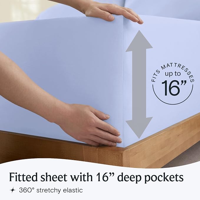 LuxClub Queen Size Sheet Set, Cooling & Soft Deep Pocket Bed Sheets, 4PC | LuxClub Silky Fitted Sheet & Pillowcase Sets, Breathable Hotel Luxury Bedding for Mattress Wrinkle Free, Sky Blue