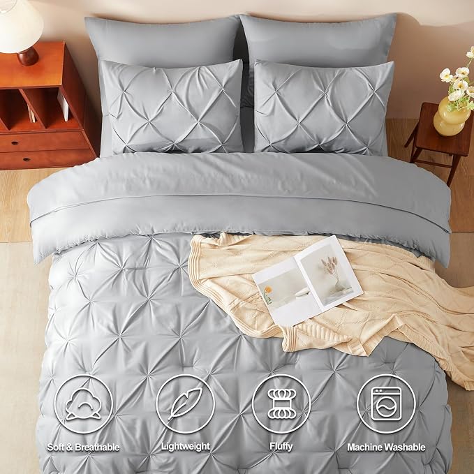 HIMEET King Size Comforter Set Light Grey - 7 Pieces Pintuck Bed in a Bag | OEKO-TEX Certified, 240GSM Down Alternative Comforter, 14" Deep Pocket Fitted Sheet + Flat Sheet + 2 Pillowcases + 2 Shams