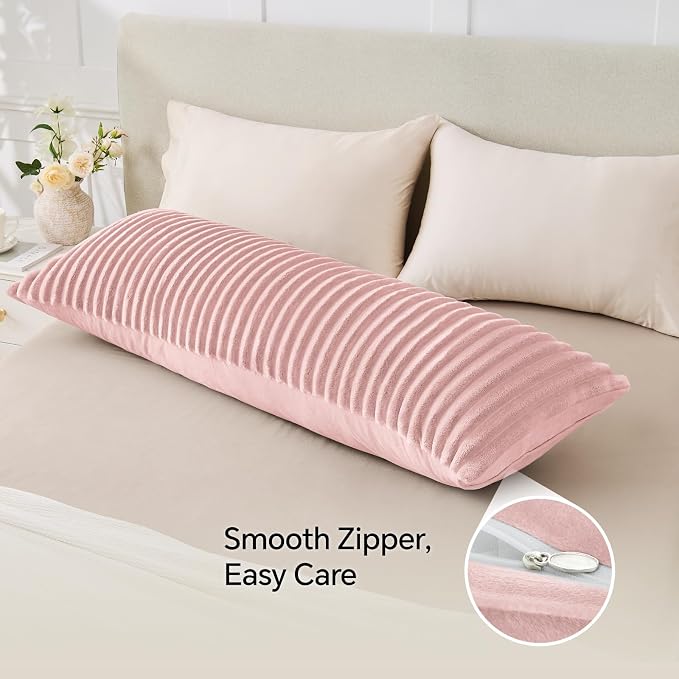 BEDELITE Fluffy Striped Body Pillow Cover with Zipper, Pink, 20x54 | Ultra-soft Faux Fur with 10D Striped Texture, Comfy, Plush, and Cloud-like, Body Pillow Pillowcase for Bed Couch Room Decor