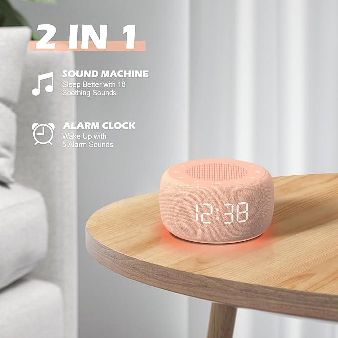 Buffbee Sound Machine & Alarm Clock 2-in-1, Bedroom Sleep Clock, Peach | 0-100% Clock Face Brightness, Bottom Colored Light, Sleep Timer, Precise 30-Level Volume White Noise Machine