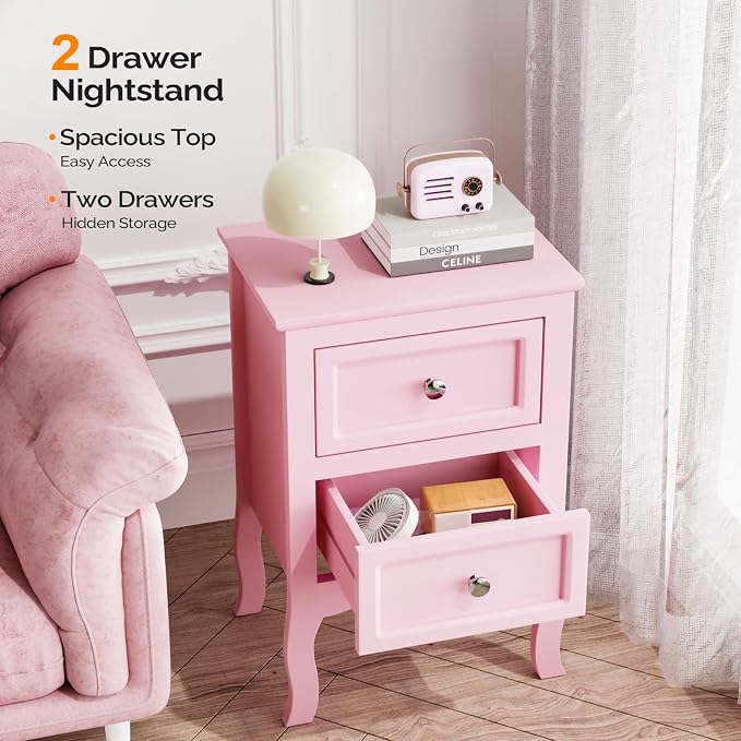 Bonnlo Nightstand with 2 Drawers, Night Stands for Bedrooms, Small Bed Side Table/White Night Stand with Drawers for Small Spaces, College Dorm, Kids’ Room, Living Room, French, 16W x 12D x 24H, Pink
