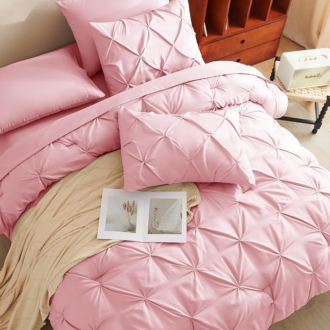 HIMEET Full Size Comforter Set Pink - 7 Pieces Pintuck Bed in a Bag | OEKO-TEX Certified, 240GSM Down Alternative Comforter, 14" Deep Pocket Fitted Sheet + Flat Sheet + 2 Pillowcases + 2 Shams