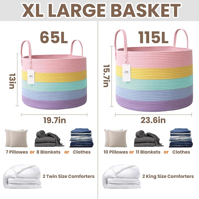 JMvicyroam 65L Extra Large Machine Washable Cotton Rope Blanket Basket | Collapsible laundry hamper, Reinforced handles, For blankets, pillows, toys and clothes, Living room and bedroom, Rainbow
