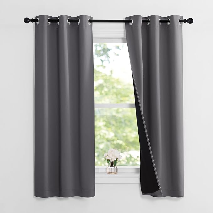 NICETOWN Grey Blackout Curtains for Bedroom 37" Wide x 60" Long 2 Panels | Short Curtains with Black Liners Solid Thermal Insulated Full Room Darkening 2-Layer Lined Drapes Energy Efficiency Decor