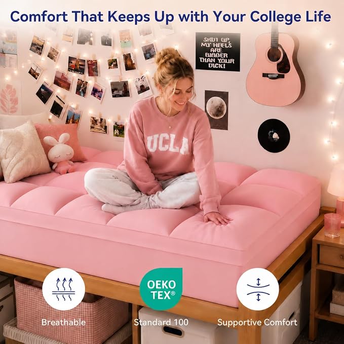 ELEMUSE Twin XL Mattress Topper for Dorm, Plush Pillow Top Bed Pad | Pink college dorm essential with plush comfort, designed for Twin XL beds in dorm rooms, and back to school upgrade
