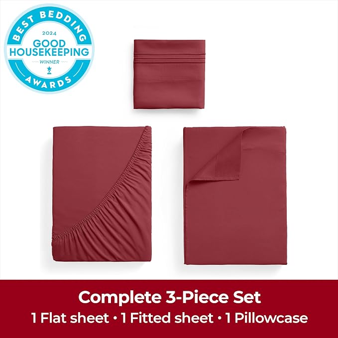 Mellanni Extra Deep Twin Sheets - 3 PC Iconic Collection Bedding | Hotel Luxury, Ultra Soft, Cooling Bed Sheets - Wrinkle, Fade, Stain Resistant (Twin, Brick Red)